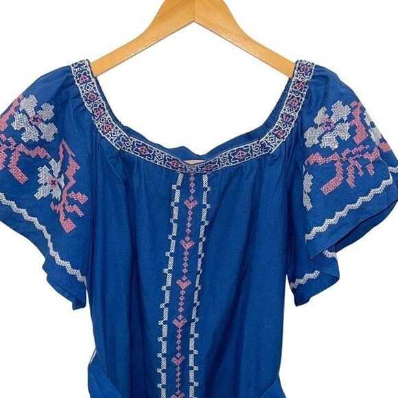 Cupcake and Cashmere Boho Embroidered Cotton Linen Mini Dress Blue Medium - Picture 2 of 11